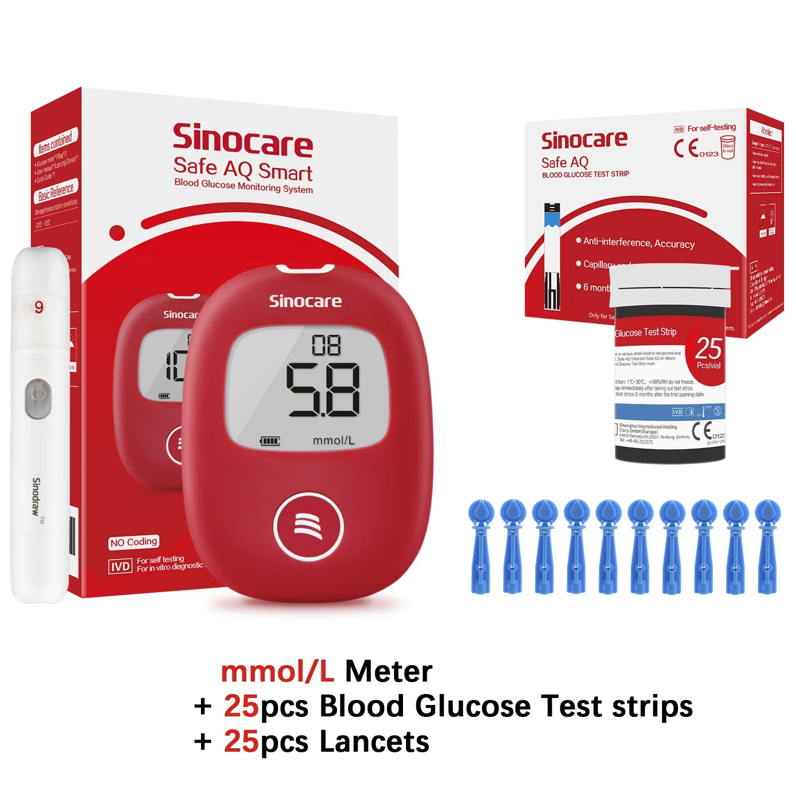 Safe AQ Blood Glucose Meter with Test Strips
