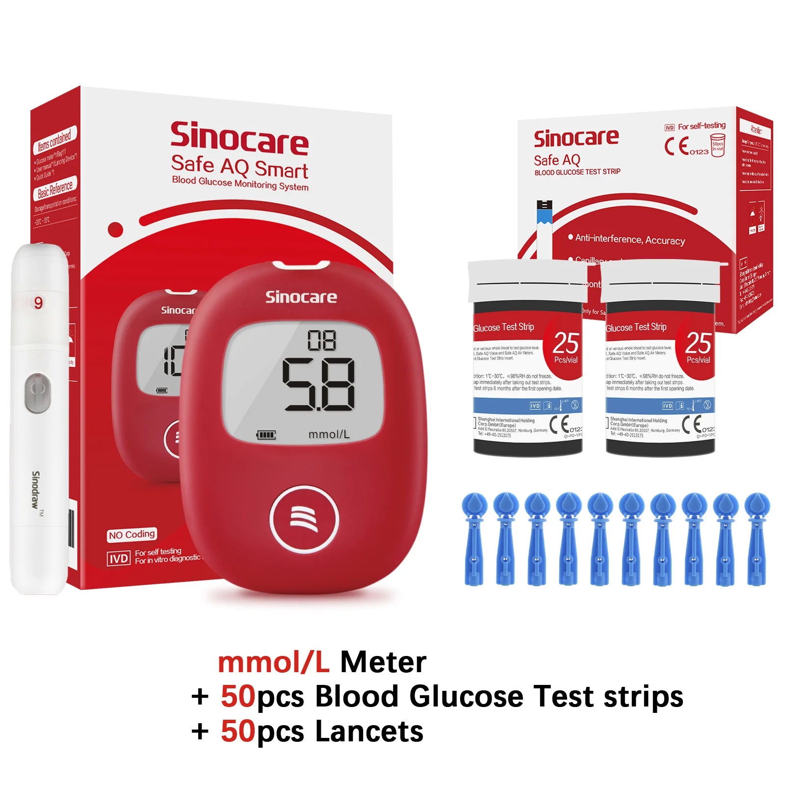 Safe AQ Blood Glucose Meter with Test Strips