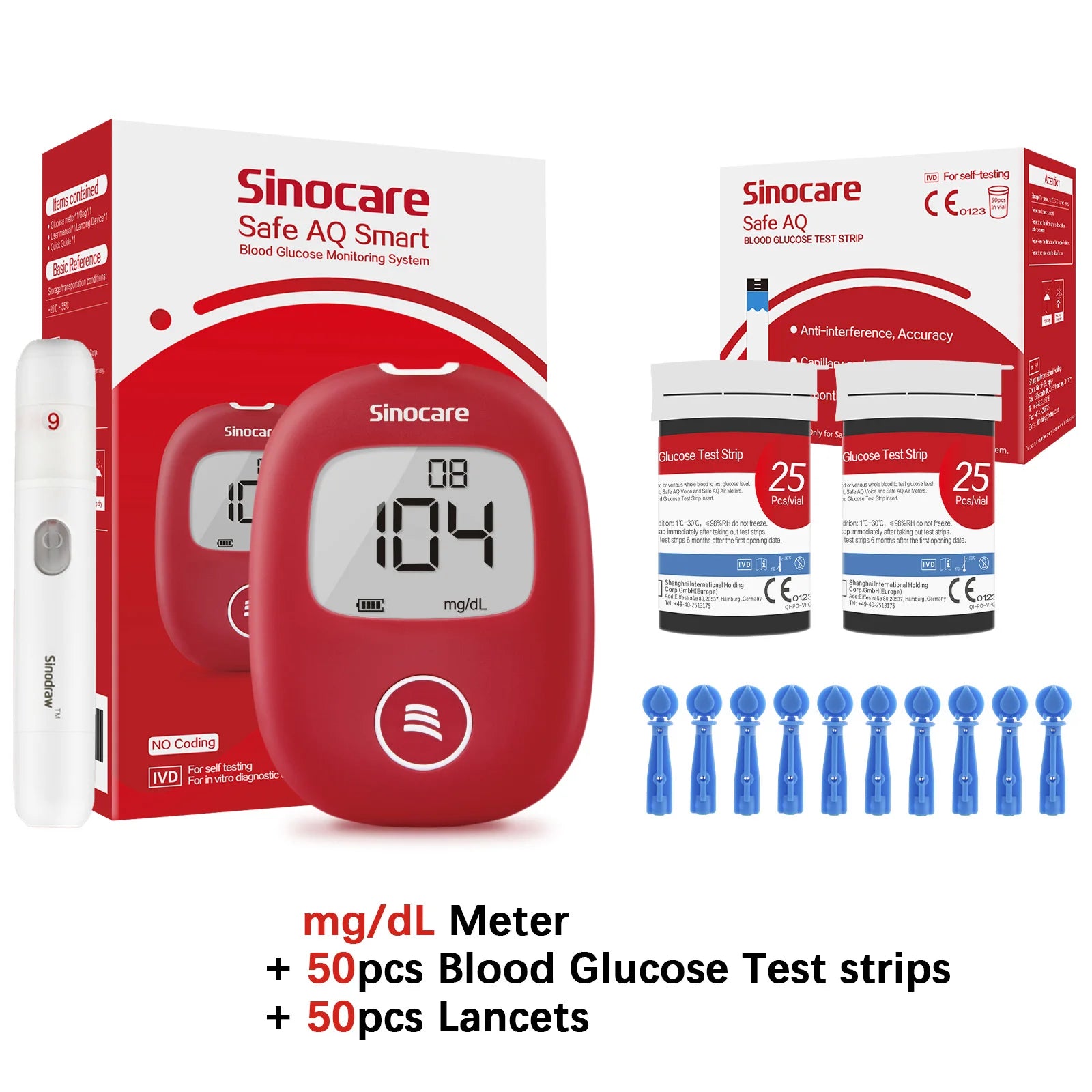 Safe AQ Blood Glucose Meter with Test Strips