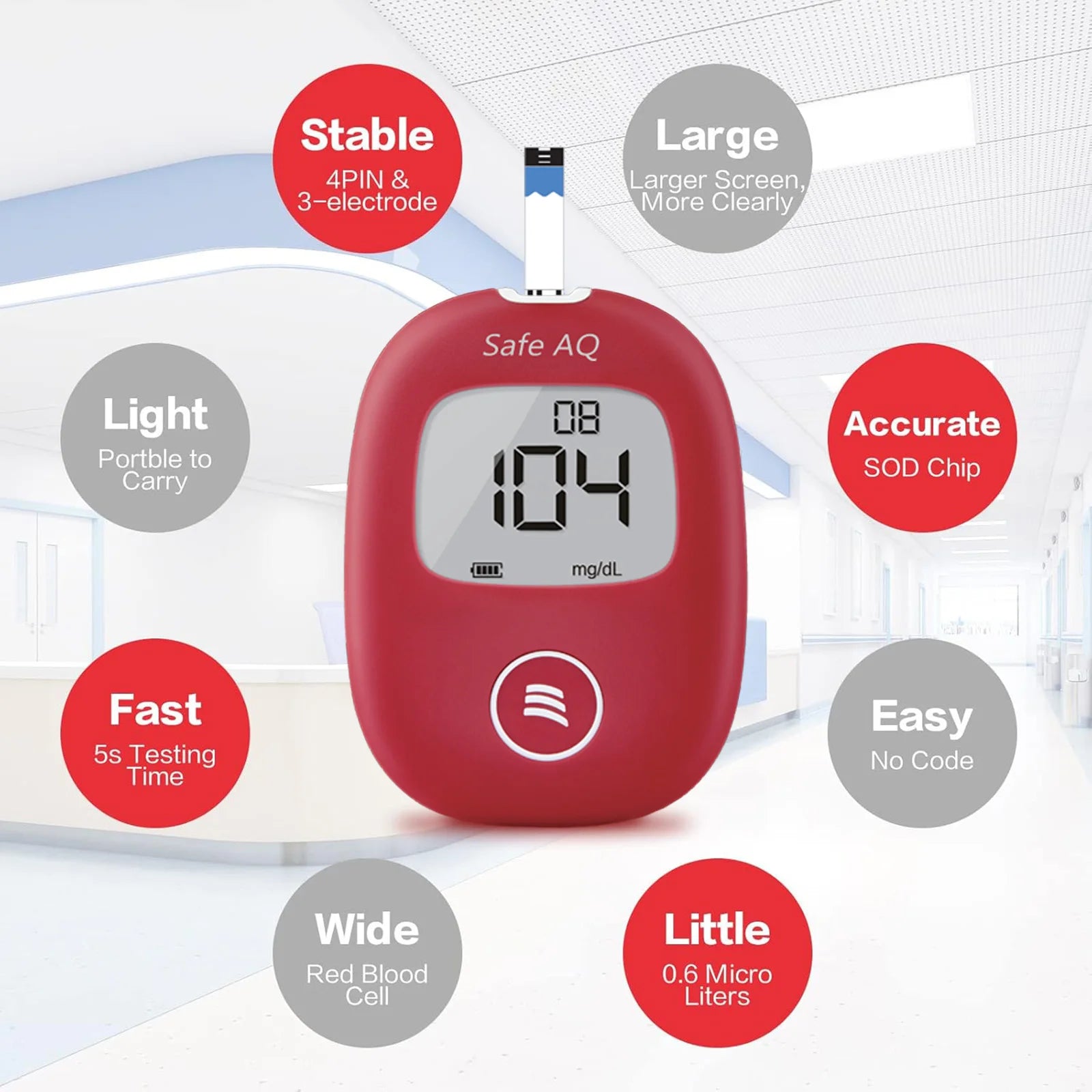 Safe AQ Blood Glucose Meter with Test Strips